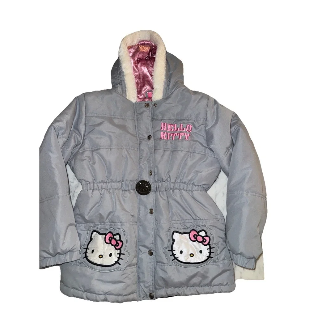 Hello Kitty Sanrio Grey Puffer Jacket‎ Hooded Faux Fur Trim Pink Lining Girls 12